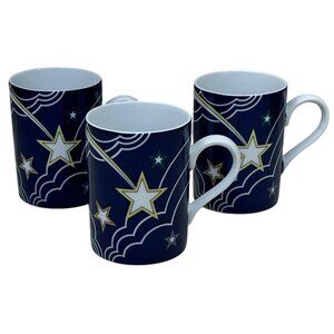 3 Fitz and Floyd Blue Stardust Moon Stars Porcelain Mugs